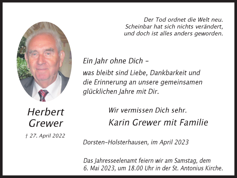  Traueranzeige für Herbert Grewer vom 29.04.2023 aus Ruhr Nachrichten und Dorstener Zeitung