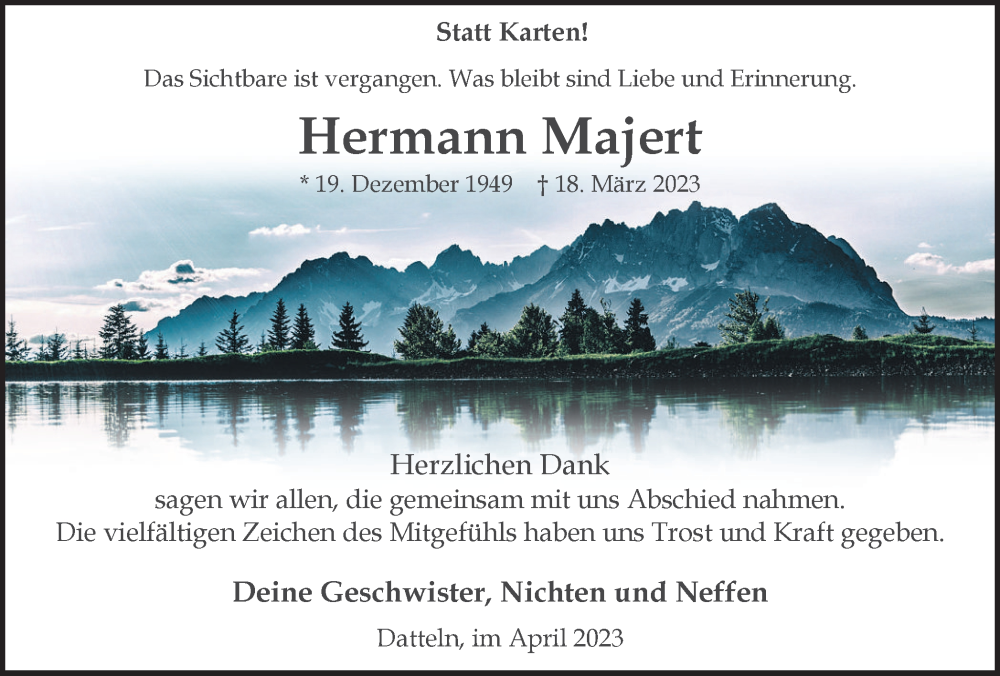  Traueranzeige für Hermann Majert vom 15.04.2023 aus Medienhaus Bauer