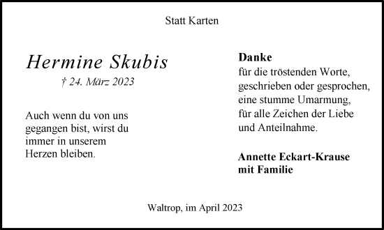 Traueranzeige von Hermine Skubis von Medienhaus Bauer
