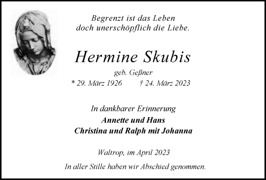 Traueranzeige von Hermine Skubis von Medienhaus Bauer