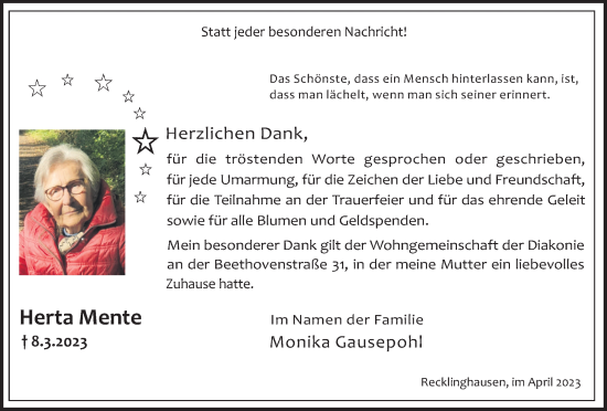 Traueranzeige von Herta Mente von Medienhaus Bauer