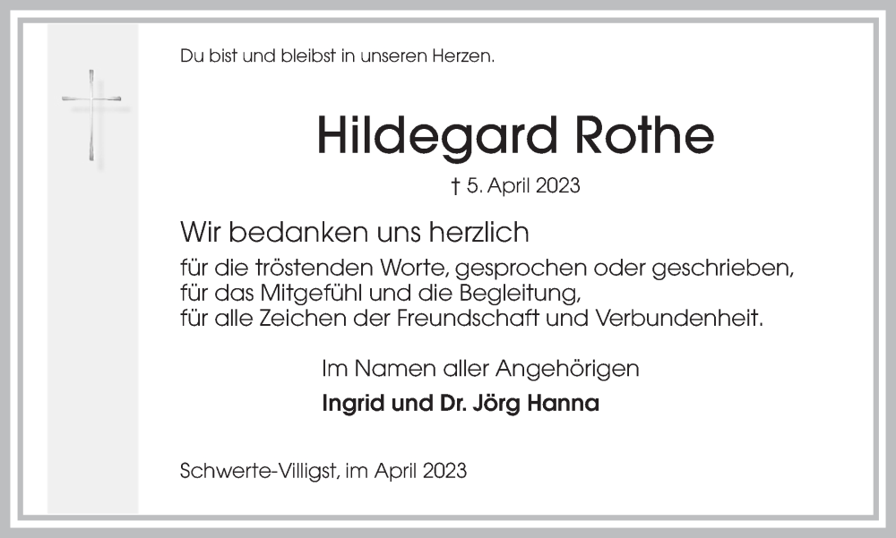  Traueranzeige für Hildegard Rothe vom 29.04.2023 aus Ruhr Nachrichten