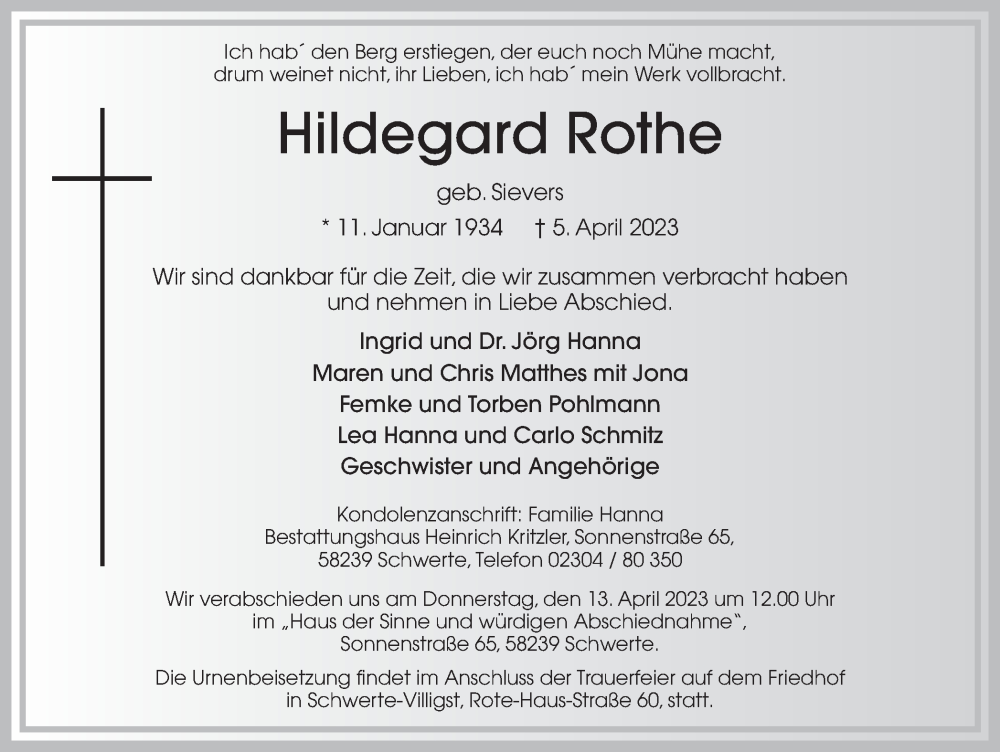  Traueranzeige für Hildegard Rothe vom 12.04.2023 aus Ruhr Nachrichten