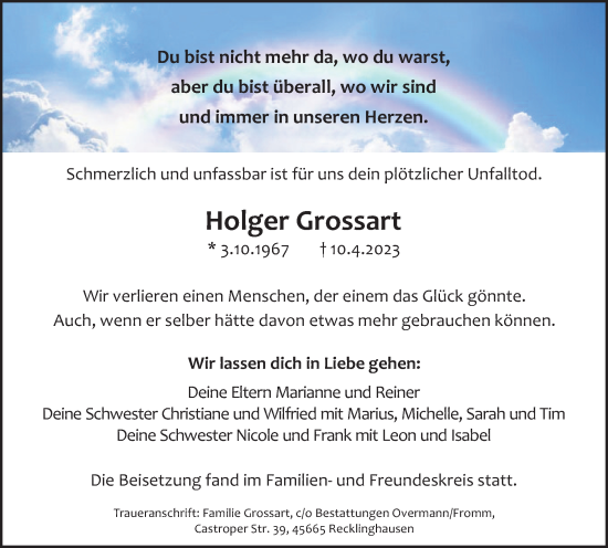Traueranzeige von Holger Grossart von Medienhaus Bauer