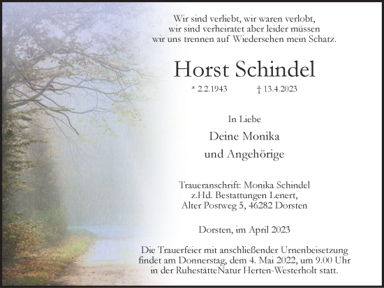 Traueranzeige von Horst Schindel von Ruhr Nachrichten und Dorstener Zeitung