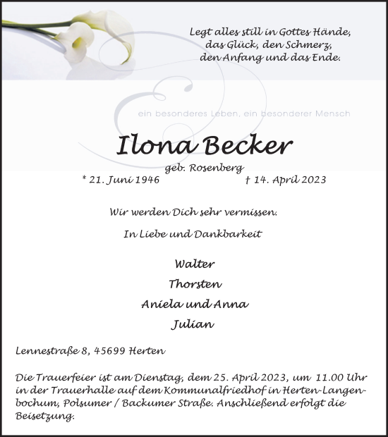 Traueranzeige von Ilona Becker von Medienhaus Bauer