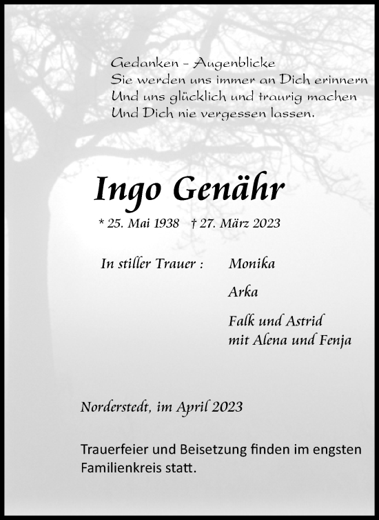 Traueranzeige von Ingo Genähr 