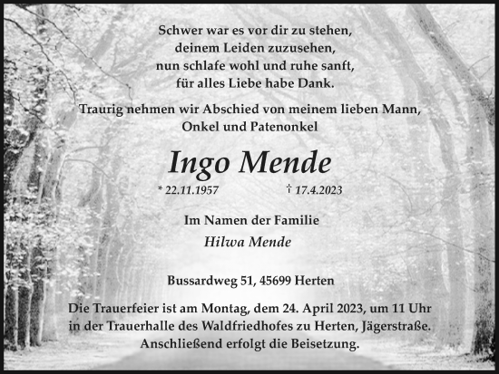 Traueranzeige von Ingo Mende von Medienhaus Bauer