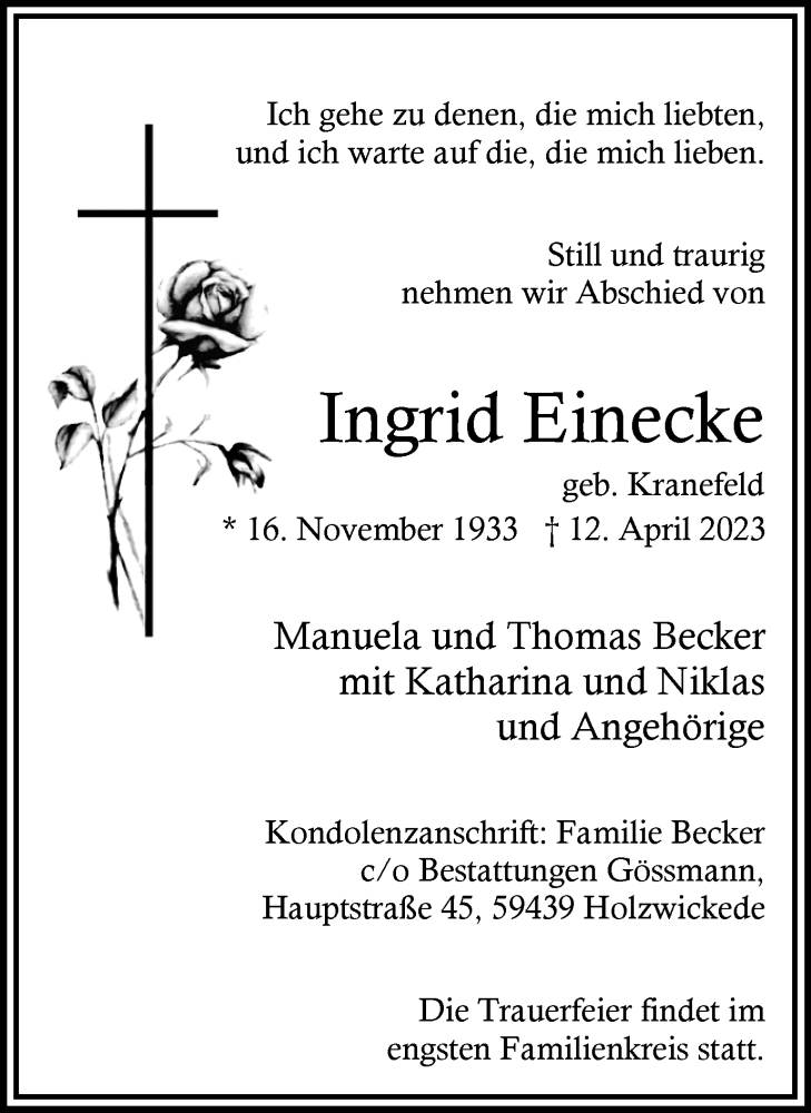  Traueranzeige für Ingrid Einecke vom 15.04.2023 aus Hellweger Anzeiger