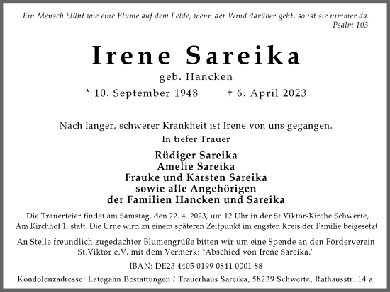 Traueranzeige von Irene Sareika von Ruhr Nachrichten