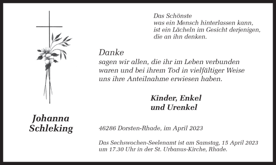 Traueranzeige von Johanna Schleking von Ruhr Nachrichten und Dorstener Zeitung