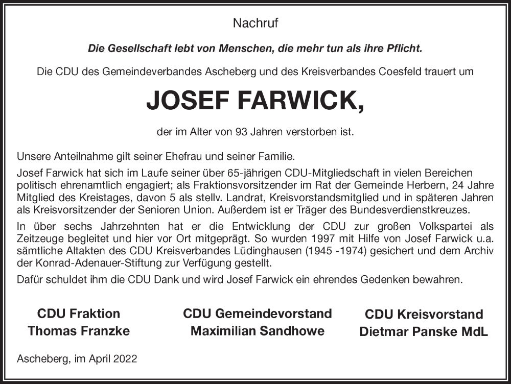  Traueranzeige für Josef Farwick vom 22.04.2023 aus Ruhr Nachrichten