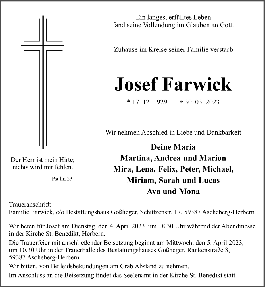  Traueranzeige für Josef Farwick vom 01.04.2023 aus Ruhr Nachrichten