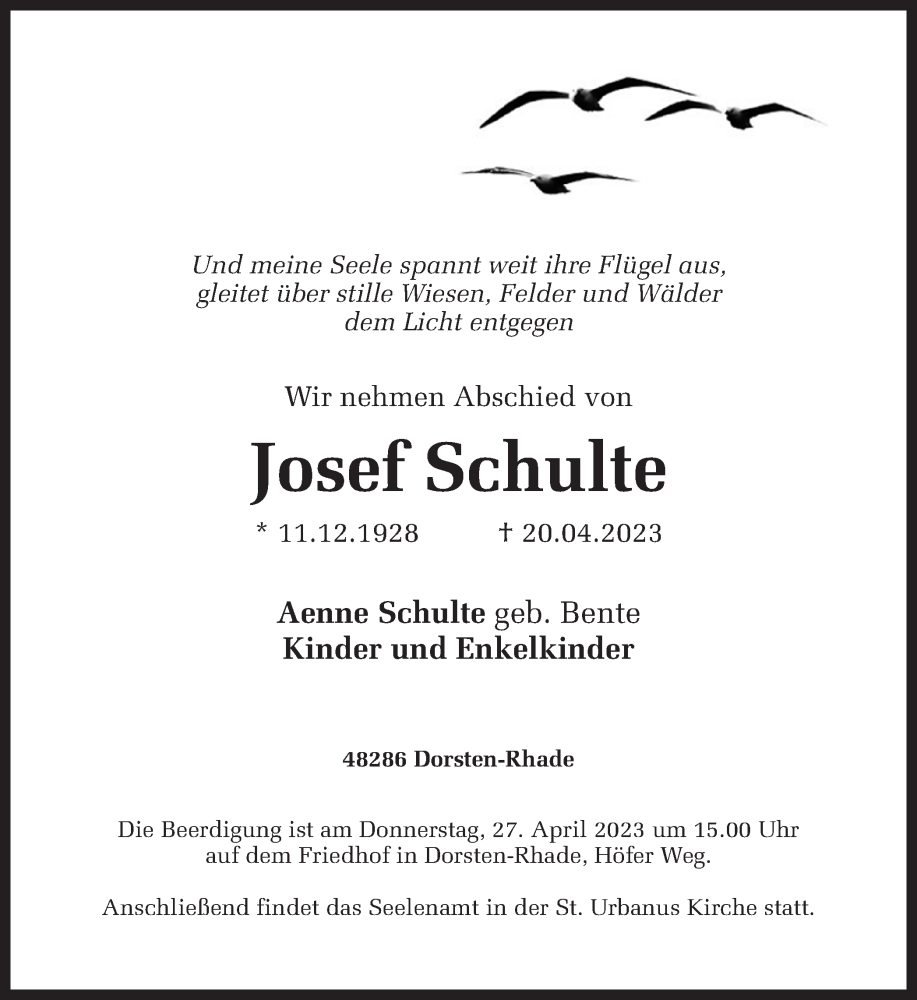  Traueranzeige für Josef Schulte vom 25.04.2023 aus Ruhr Nachrichten und Dorstener Zeitung