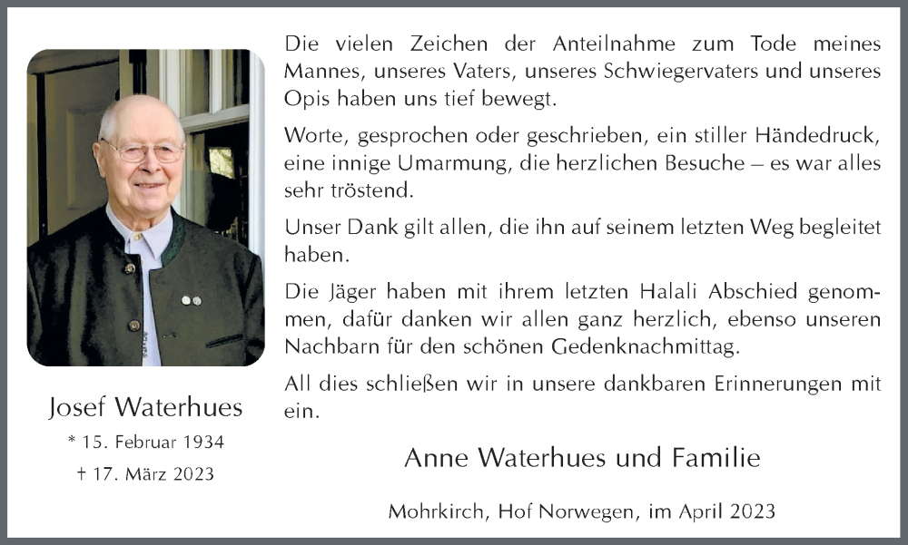  Traueranzeige für Josef Waterhues vom 21.04.2023 aus Ruhr Nachrichten