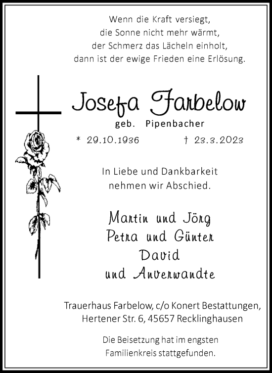 Traueranzeige von Josefa Farbelow von Ruhr Nachrichten