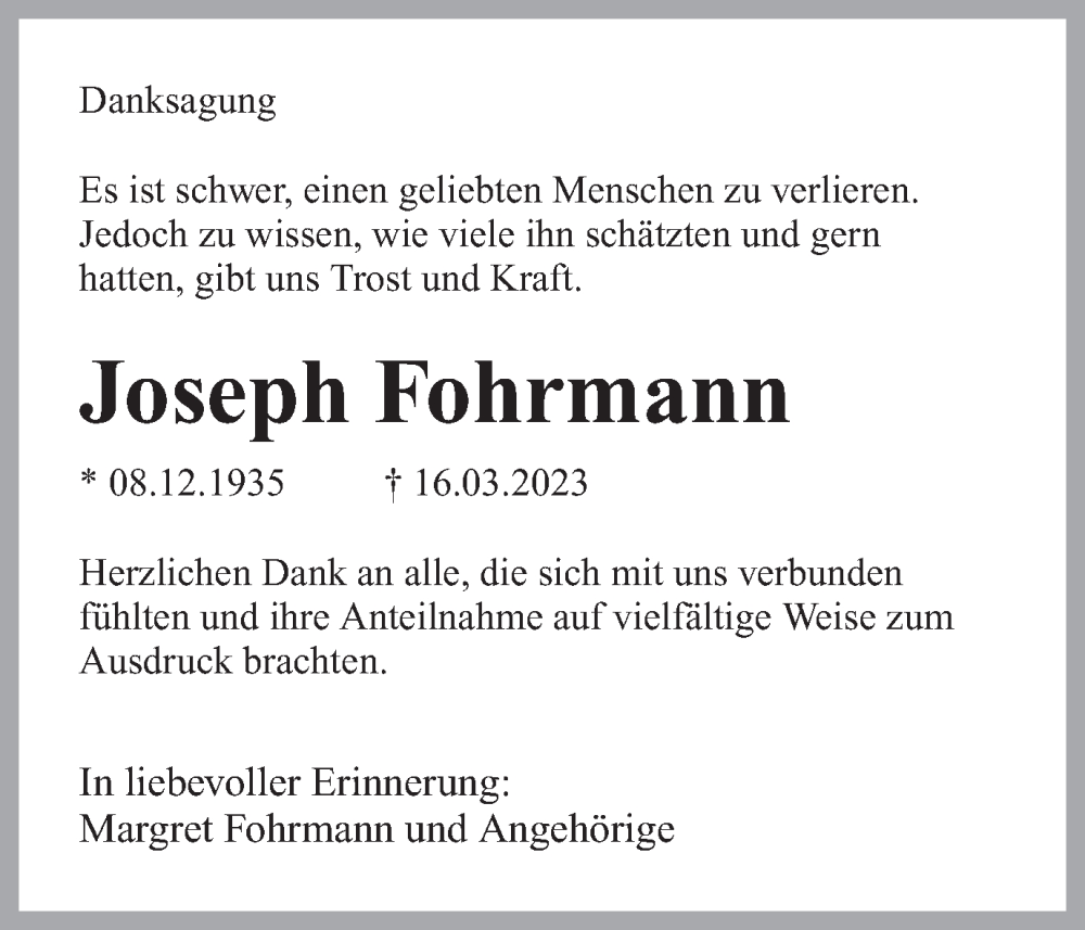  Traueranzeige für Joseph Fohrmann vom 22.04.2023 aus Ruhr Nachrichten