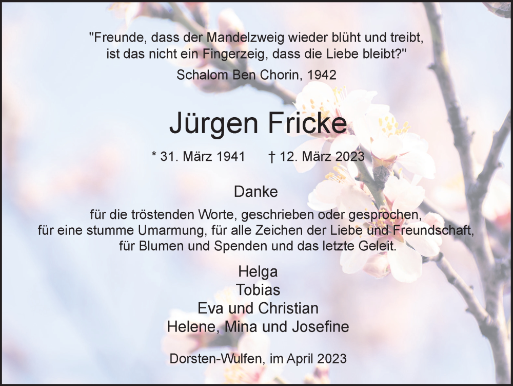  Traueranzeige für Jürgen Fricke vom 15.04.2023 aus Ruhr Nachrichten und Dorstener Zeitung