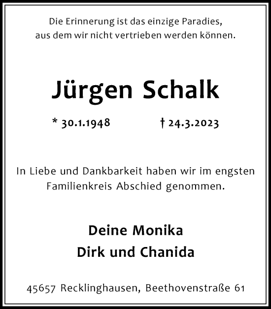 Traueranzeige von Jürgen Schalk von Medienhaus Bauer