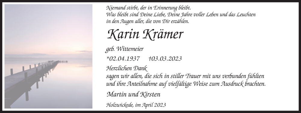  Traueranzeige für Karin Krämer vom 22.04.2023 aus Hellweger Anzeiger
