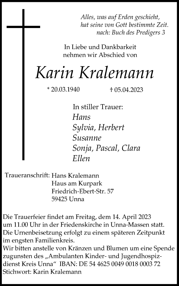  Traueranzeige für Karin Kralemann vom 12.04.2023 aus Hellweger Anzeiger