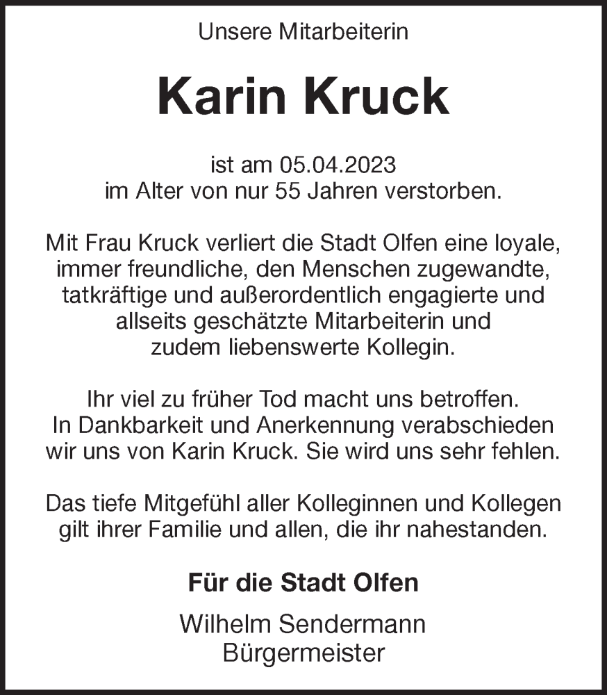  Traueranzeige für Karin Kruck vom 15.04.2023 aus Ruhr Nachrichten