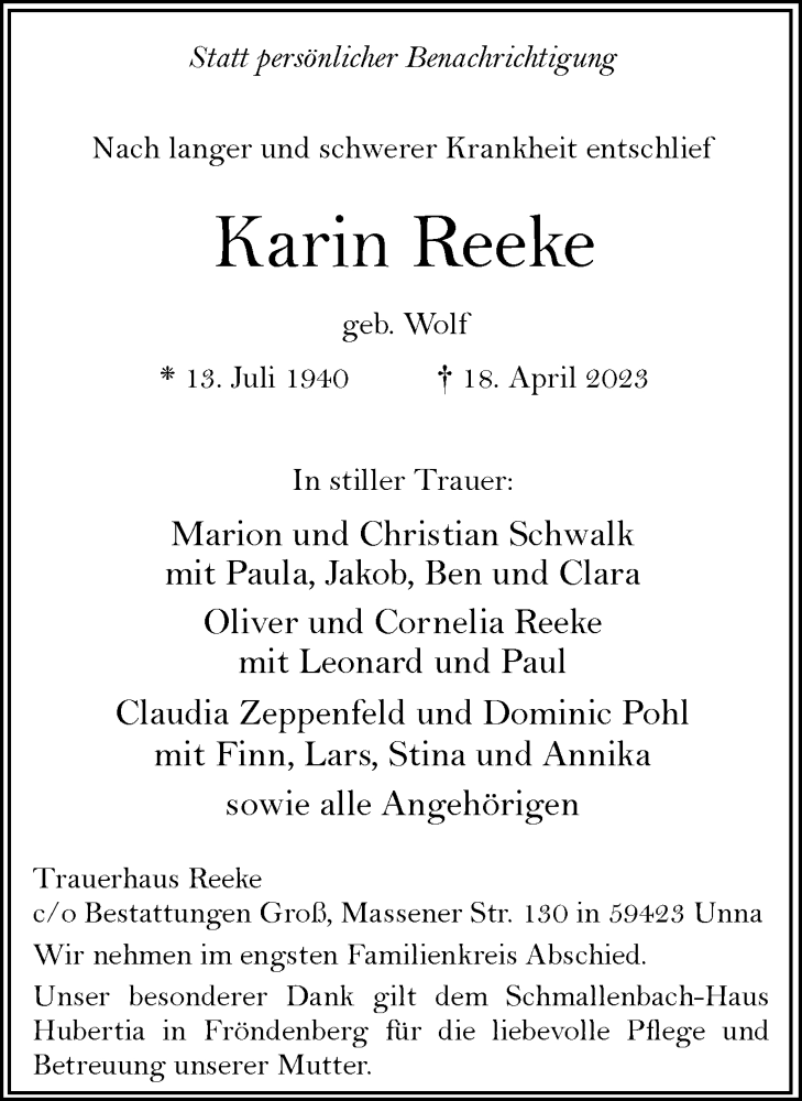  Traueranzeige für Karin Reeke vom 22.04.2023 aus Hellweger Anzeiger