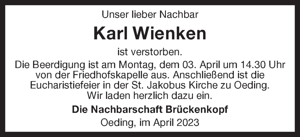  Traueranzeige für Karl Wienken vom 01.04.2023 aus Münstersche Zeitung und Münsterland Zeitung
