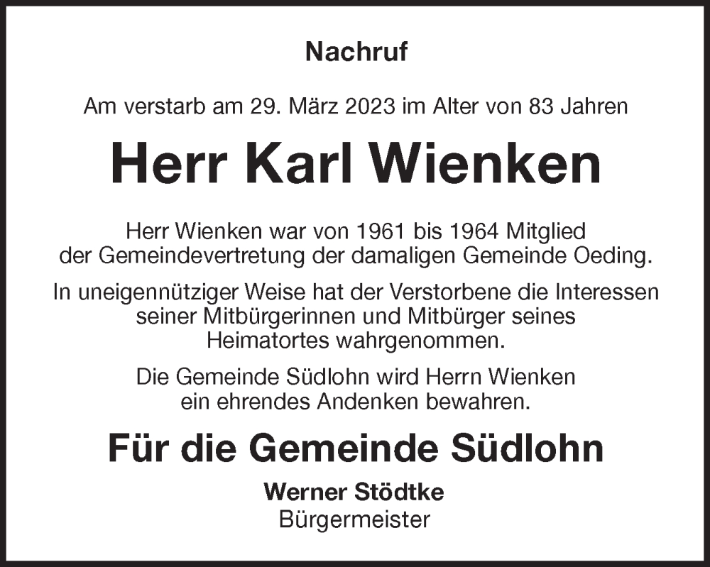 Traueranzeige für Karl Wienken vom 04.04.2023 aus Münstersche Zeitung und Münsterland Zeitung