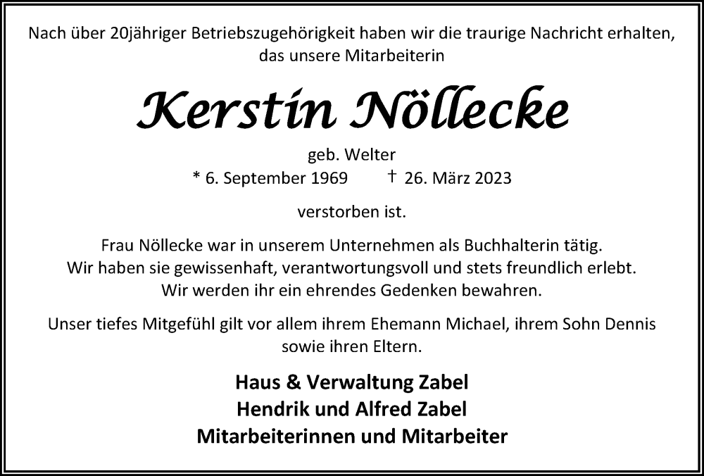  Traueranzeige für Kerstin Nöllecke vom 01.04.2023 aus Medienhaus Bauer