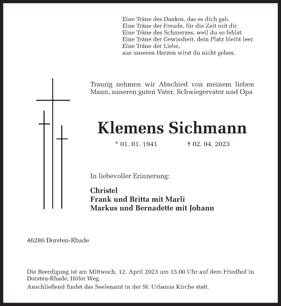 Traueranzeige von Klemens Sichmann von Ruhr Nachrichten und Dorstener Zeitung