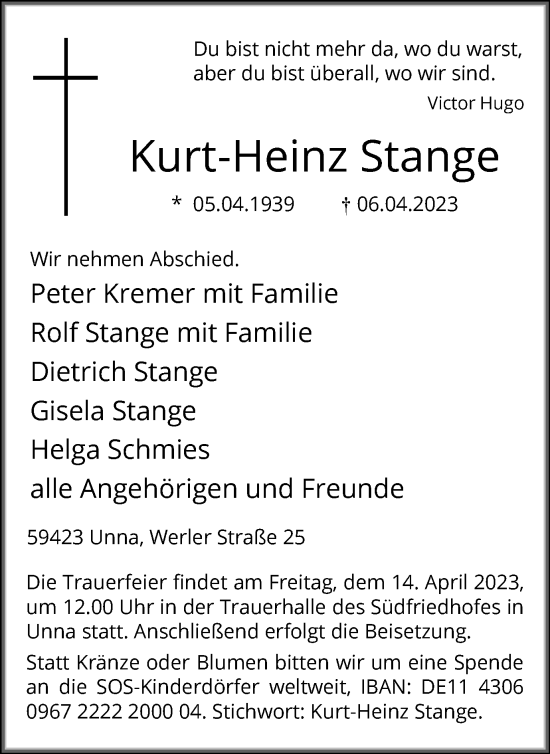 Traueranzeige von Kurt-Heinz Stange von Hellweger Anzeiger