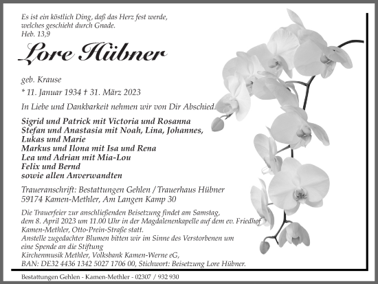 Traueranzeige von Lore Hübner von Hellweger Anzeiger