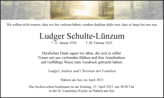 Traueranzeige von Ludger Schulte-Lünzum von Ruhr Nachrichten und Halterner Zeitung