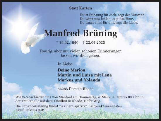 Traueranzeige von Manfred Brüning von Ruhr Nachrichten und Dorstener Zeitung