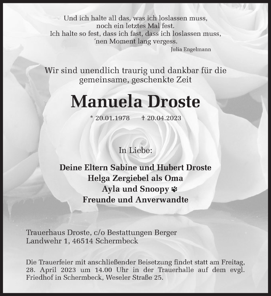  Traueranzeige für Manuela Droste vom 25.04.2023 aus Ruhr Nachrichten und Dorstener Zeitung