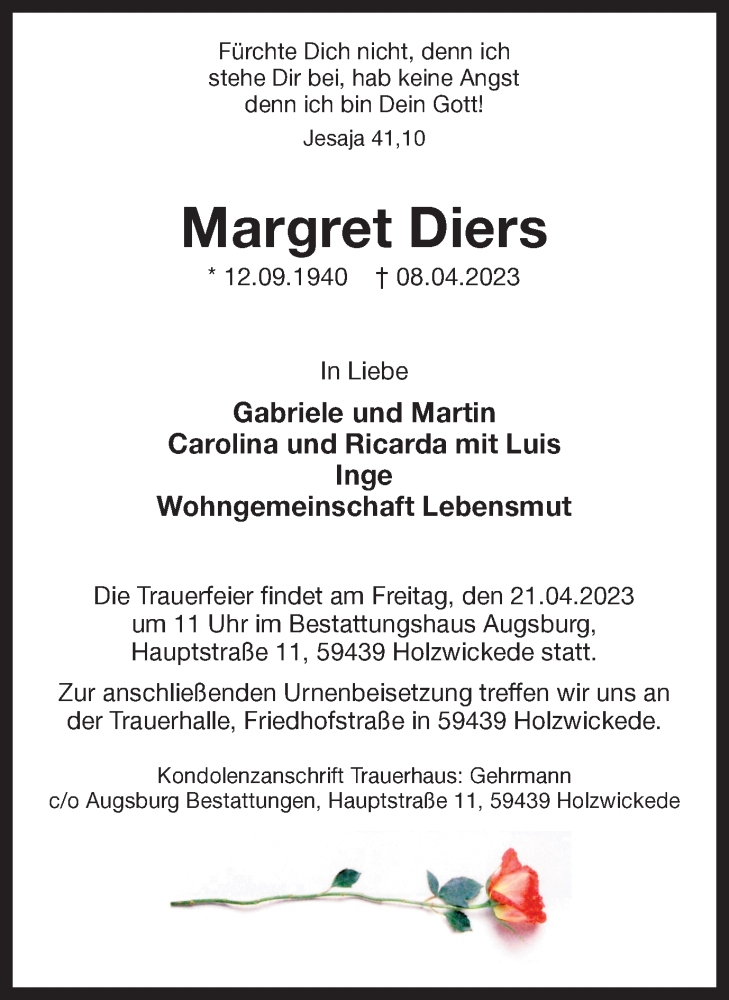  Traueranzeige für Margret Diers vom 15.04.2023 aus Hellweger Anzeiger