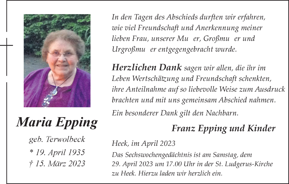  Traueranzeige für Maria Epping vom 26.04.2023 aus Münstersche Zeitung und Münsterland Zeitung