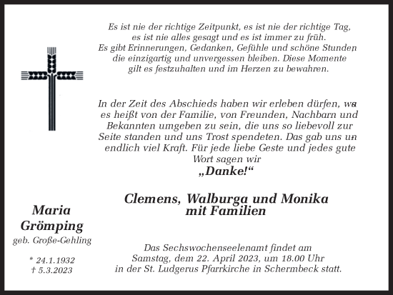 Traueranzeige von Maria Grömping von Ruhr Nachrichten und Dorstener Zeitung