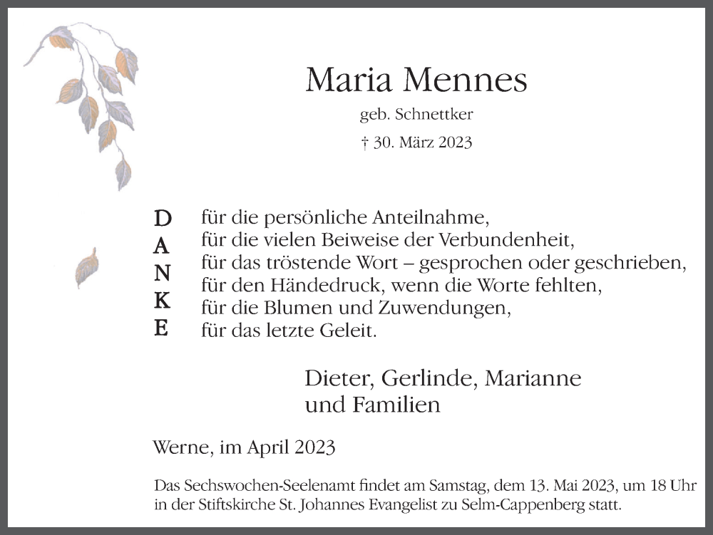  Traueranzeige für Maria Mennes vom 29.04.2023 aus Ruhr Nachrichten