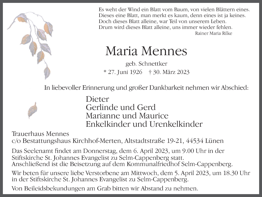  Traueranzeige für Maria Mennes vom 01.04.2023 aus Ruhr Nachrichten