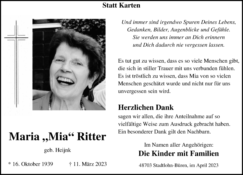  Traueranzeige für Maria Ritter vom 26.04.2023 aus Münstersche Zeitung und Münsterland Zeitung