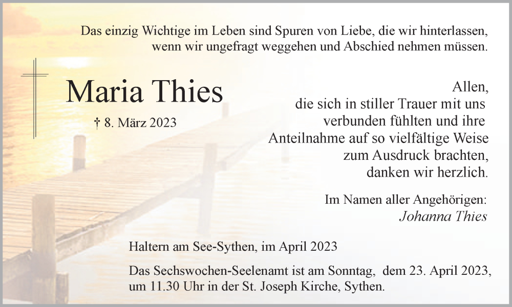  Traueranzeige für Maria Thies vom 21.04.2023 aus Ruhr Nachrichten und Halterner Zeitung