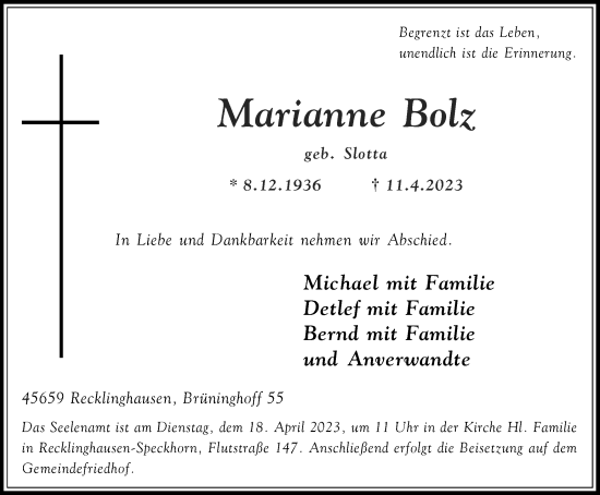 Traueranzeige von Marianne Bolz von Medienhaus Bauer
