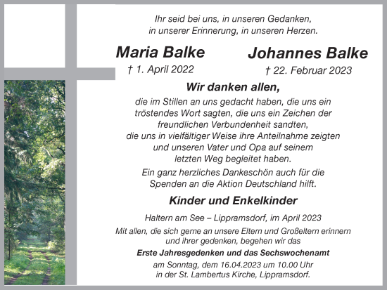 Traueranzeige von Maria und Johannes Balke von Ruhr Nachrichten und Halterner Zeitung