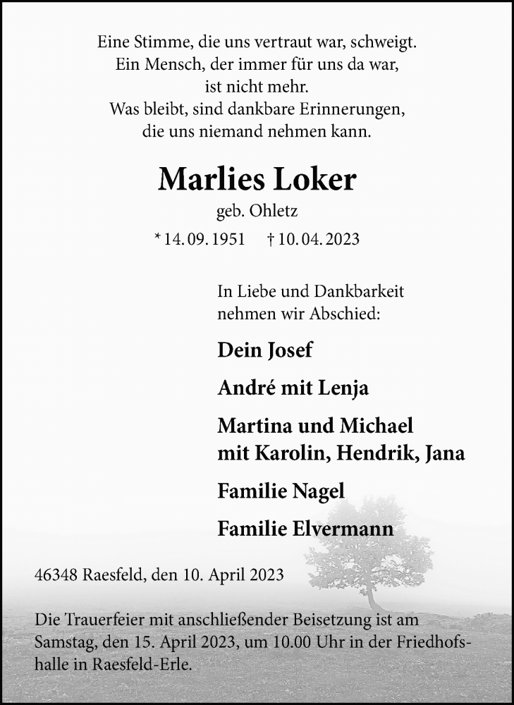  Traueranzeige für Marlies Loker vom 13.04.2023 aus Ruhr Nachrichten und Dorstener Zeitung