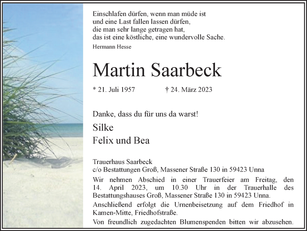  Traueranzeige für Martin Saarbeck vom 01.04.2023 aus Hellweger Anzeiger