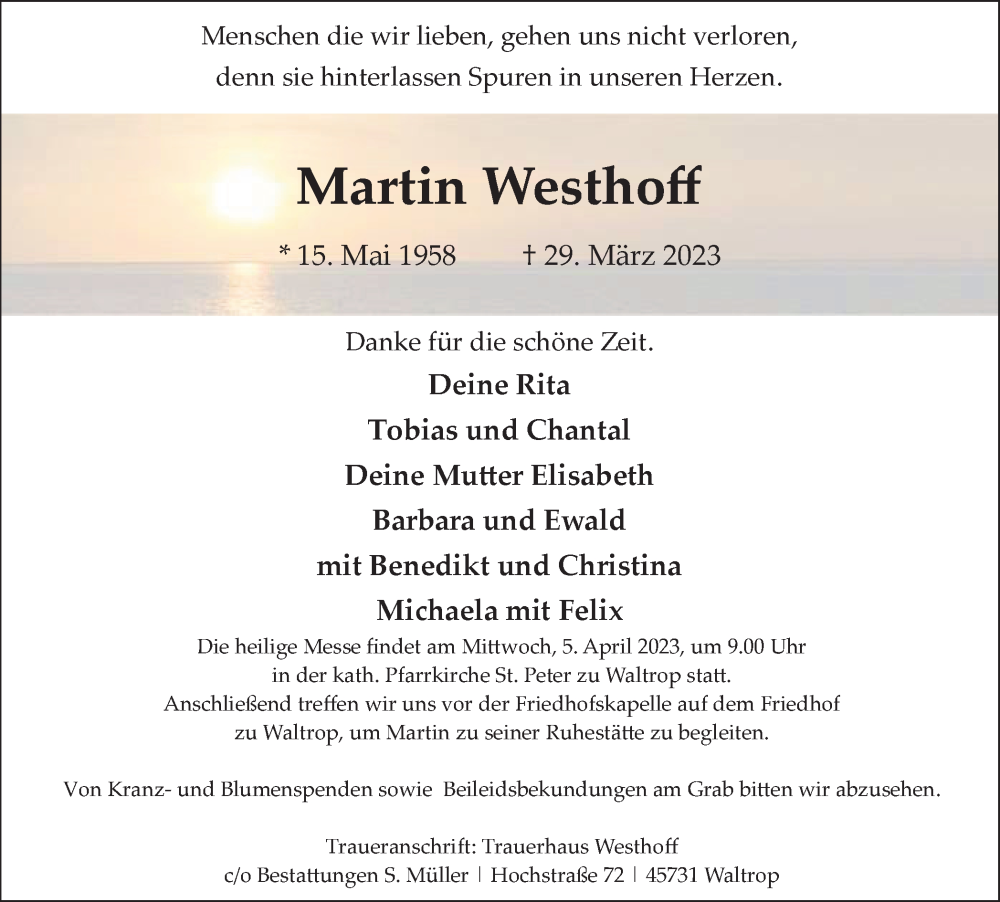  Traueranzeige für Martin Westhoff vom 01.04.2023 aus Medienhaus Bauer