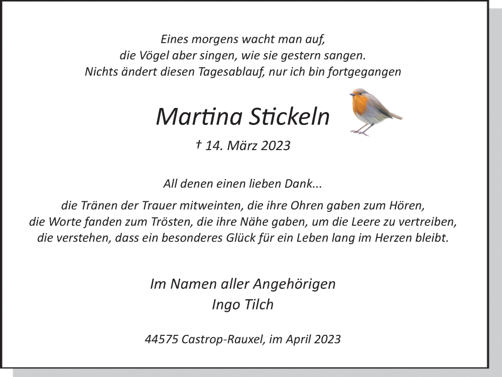  Traueranzeige für Martina Stickeln vom 15.04.2023 aus Ruhr Nachrichten