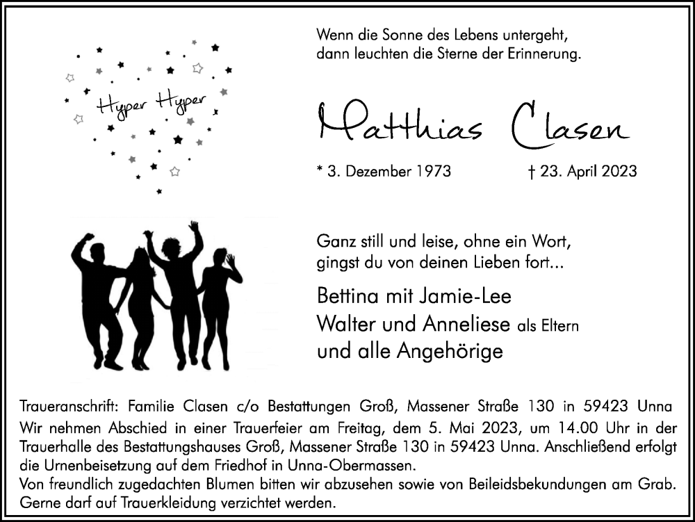  Traueranzeige für Matthias Clasen vom 29.04.2023 aus Hellweger Anzeiger